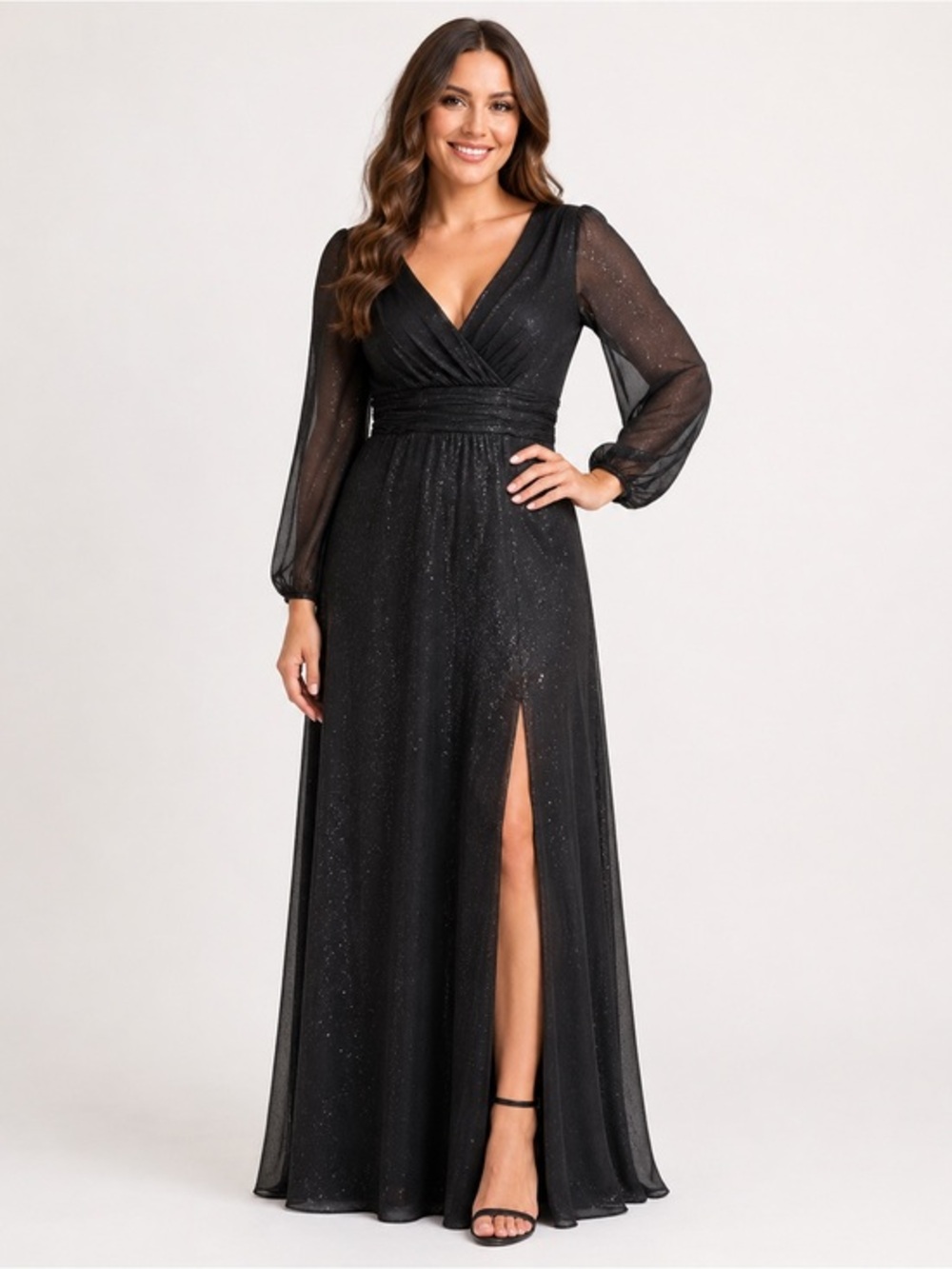 Ever Pretty Black Glitter Long Sleeve Evening Gown Size 12 NWT Sheer Arms Dress
